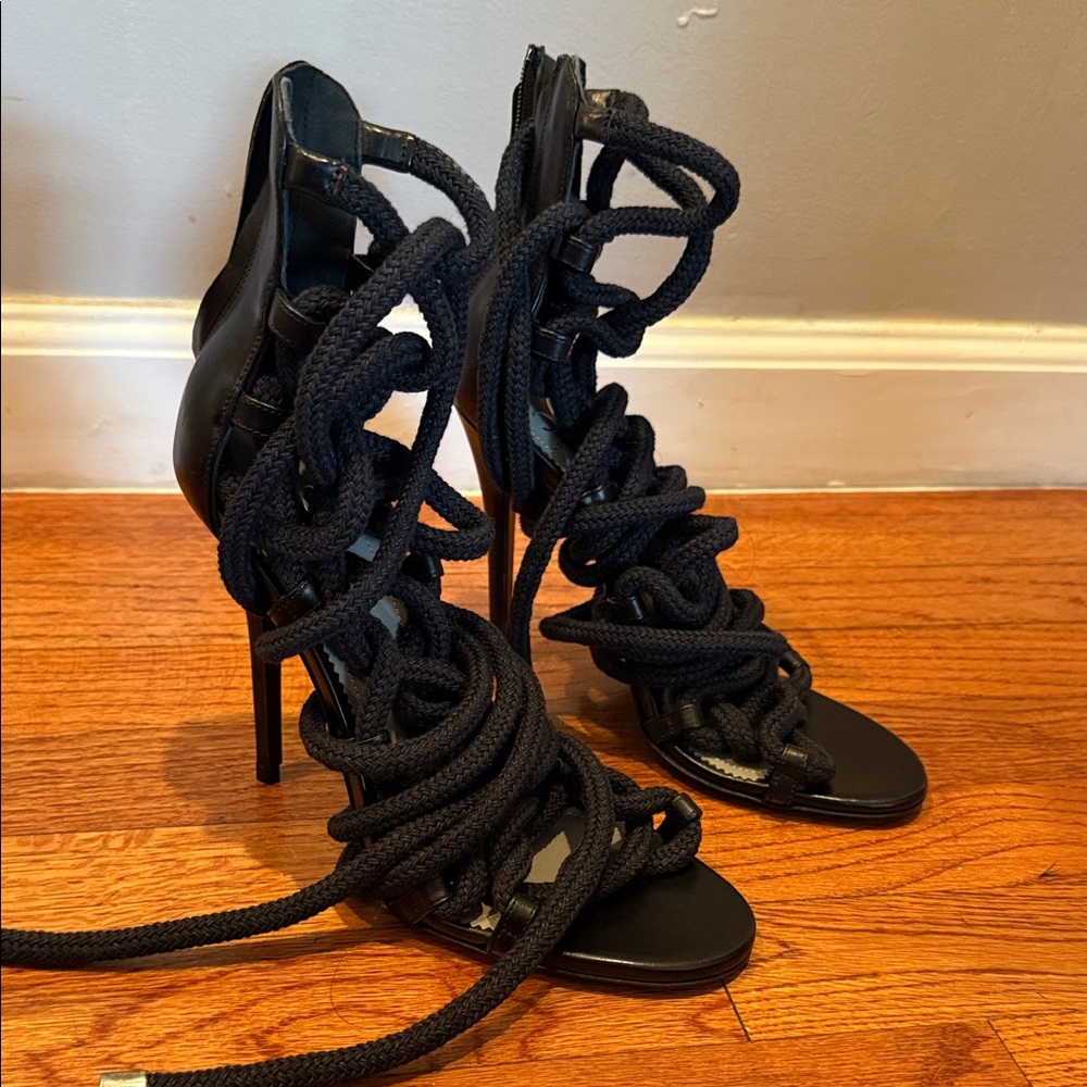 Monika Chiang Black Rope Lace-Up Heels